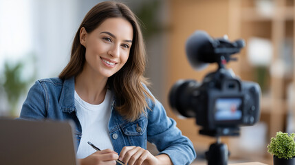 Female content creator recording video faceless, digital content production, filming setup, creator workspace, defocused background, with copy space