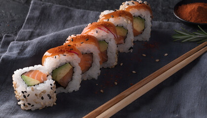 Gourmet Japanese sushi rolls with fresh salmon, raw fish, and shrimp served on a white plate with chopsticks and traditional wasabi for a healthy seafood dinner