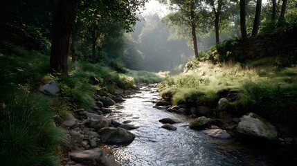 Obraz premium Gentle forest stream flows through lush greenery under d d sunlight and soft mist