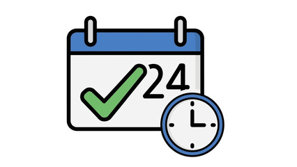 Calendar Icon with Green Checkmark and Clock.