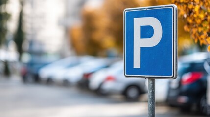 Blue parking sign with a white P symbol in front of blurred parked cars and autumn trees.