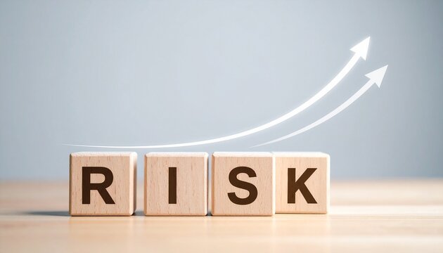 Wooden Blocks Spelling Risk with Digital Upward Growth Chart Overlay Financial Strategy Concept