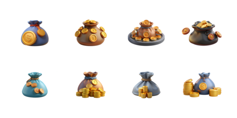 Collection of various stylized 3d money bags illustrations overflowing with golden coins on transparent background