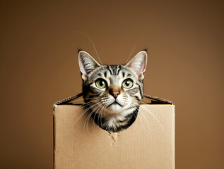 Cute Tabby Cat Peeking Out of a Cardboard Box Hole Isolated on Brown Background