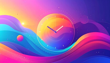 Vibrant clock graphic with flowing abstract waves
