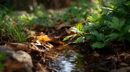 Obraz premium A small water channel flows through fallen autumn leaves surrounded by lush greenery under soft sunlight