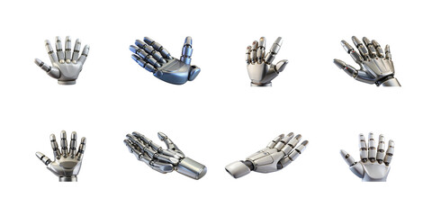 Collection of eight futuristic robotic prosthetic hands displaying various poses and mechanical details on transparent background
