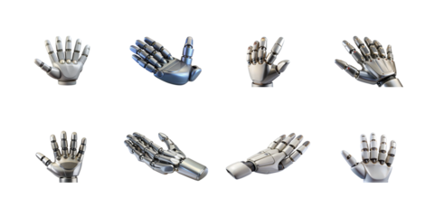 Collection of eight futuristic robotic prosthetic hands displaying various poses and mechanical details on transparent background