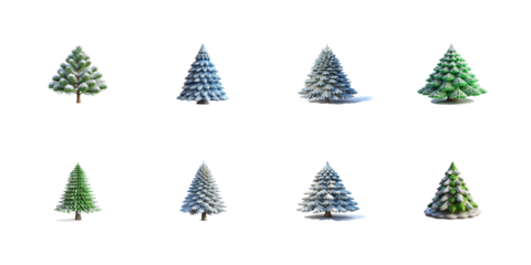 Collection of eight stylized winter and evergreen pine trees featuring various levels of snow dusting and distinct cartoon aesthetics on transparent background