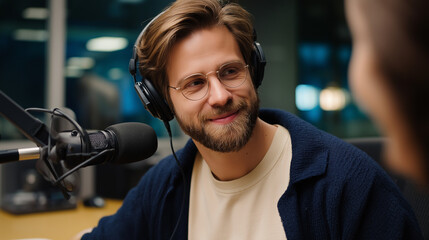Obraz premium Man recording podcast with guest in office faceless, collaborative content creation, professional recording session, studio environment, defocused background, with copy space