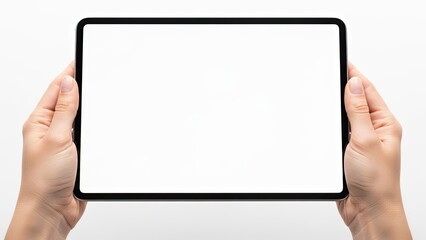 Woman hands holding digital tablet with blank white screen isolated on plain white background for app design mockup presentation social media marketing concept and professional tech advertisement