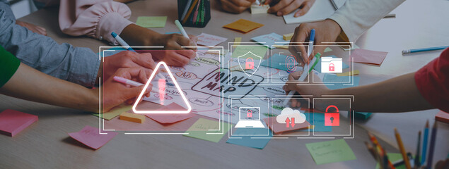 Engaging brainstorming session with colorful sticky notes and a central mind map. Use of urgency...