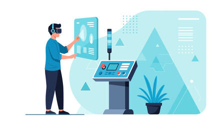 Virtual reality interaction with data visualization in a modern technological setting showcases