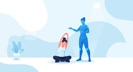 Virtual yoga session with instructor guiding stretching pose in modern studio setting