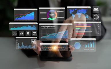 Data dashboards with graphs, charts, maps, and metrics representing global sales analysis and business performance Parse