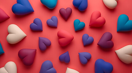 Vibrant 3D Scattered Hearts Pattern on Warm Background, Diverse Colorful Love and Romance Concept for Valentine's Day Greeting Cards