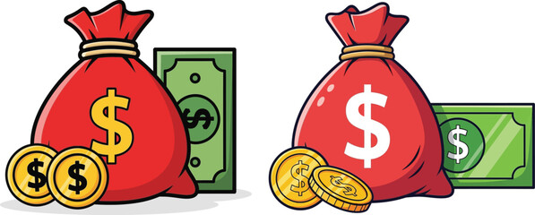 Two red money bags with coins and bills