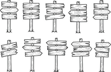 Collection of rustic wooden sign posts