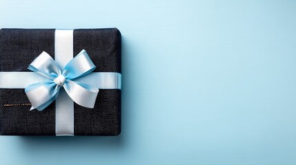 A blue gift box with a light ribbon sits on a flat surface waiting for someone to open it and discover what is inside