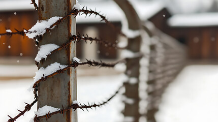 A cold embrace on the border. Barbed wire fence, sharp and rusted, under a blanket of snow. A stark winter scene with snow clinging to the fence and surrounding the area.