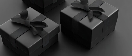 Two wrapped presents sit on a gray surface waiting for an event with simple designs and black ribbons for decoration