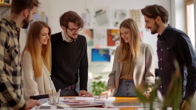 A team of young professionals discusses a project at a table with documents, creating a business backdrop for articles about teamwork or corporate training.
