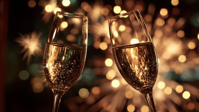 Two champagne flutes toasting against a bokeh background of fireworks