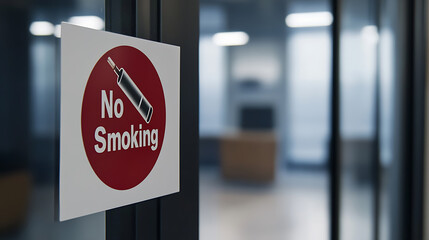 A No Smoking sign is affixed to a sleek glass door, its crisp message a clear indication of the building's policy. The sign's graphic and text boldly discourage smoking indoors.