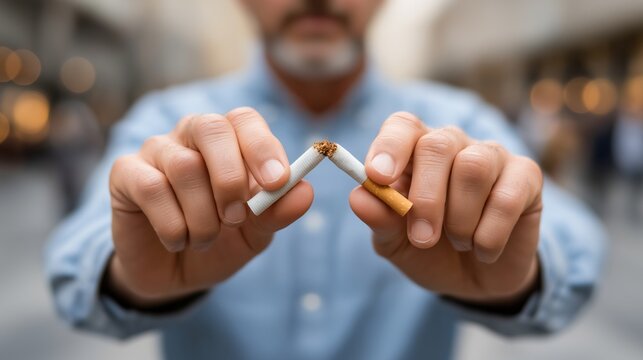 A man holding two cigarettes in his hands, one of which is already burnt
