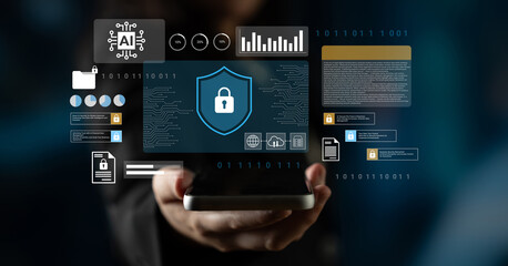 Digital cybersecurity concept with smartphone, data protection icons, secure connection, and information technology in modern digital environment Gantry.