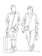 2 women with shopping bags walking and talking. Continuous line drawing. Black and white vector illustration in line art style. Editable stroke.