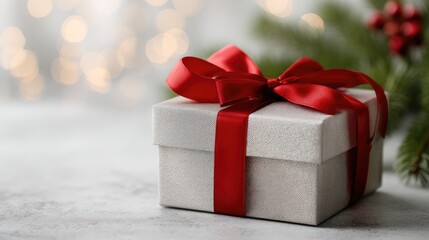 Obraz premium A wrapped gift box sits on a surface with a red ribbon around it. Holiday lights and decorations are visible in the background