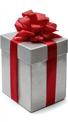 A wrapped gift box sits on a surface with a red ribbon around it. Holiday lights and decorations are visible in the background