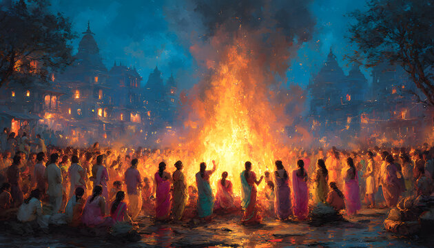 Celebration of holika dahan with a people around bonfire.