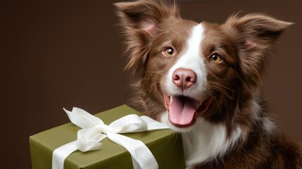 A dog carries a wrapped present in its mouth while standing on a simple background, ready to celebrate a special occasion