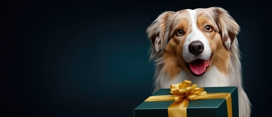 A dog carries a wrapped present in its mouth while standing on a simple background, ready to celebrate a special occasion