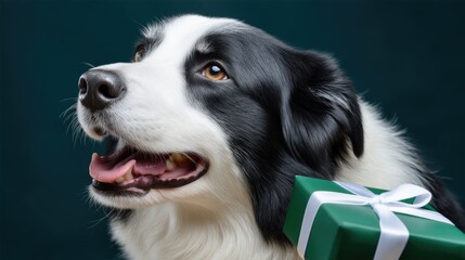 Fototapeta premium A dog carries a wrapped present in its mouth while standing on a simple background, ready to celebrate a special occasion