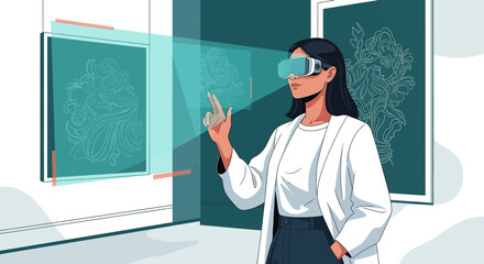 Immersive digital experience: woman exploring art through virtual reality headset showcase