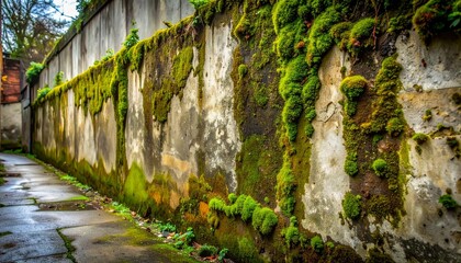 Fototapeta premium Weathered concrete wall covered in green moss and lichen along wet stone sidewalk