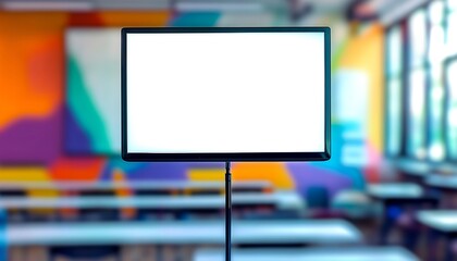 Interactive electronic whiteboard stands in empty classroom with tables and chairs