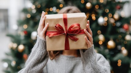 A man stands with his hand over his face while holding a wrapped gift box, surrounded by a decorated Christmas tree indoors