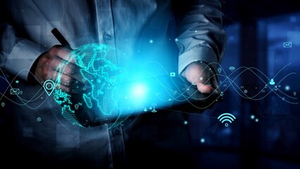 A professional interacts with a glowing digital world map, showcasing themes of technology and connectivity in an engaging, modern environment for innovative concepts. Xenic