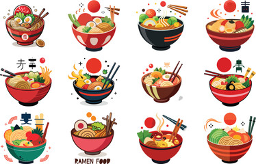 Ramen Logo Collection with Japanese Noodle Bowl Illustrations, Asian Street Food Branding Design, Fast Food Ramen Labels, Vintage and Modern Ramen Restaurant Logos for Menu, Packaging, Cafe, Food Truc