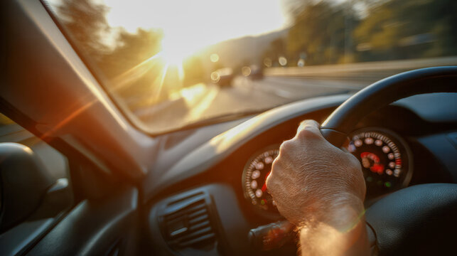 Person driving a car on a sunlit road during golden hour with a focus on steering wheel and dashboard gauges on a scenic highway - Powered by Adobe