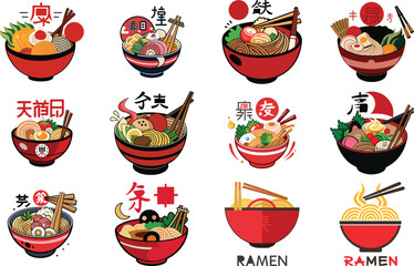 Ramen Logo Collection with Japanese Noodle Bowl Illustrations, Asian Street Food Branding Design, Fast Food Ramen Labels, Vintage and Modern Ramen Restaurant Logos for Menu, Packaging, Cafe, Food Truc