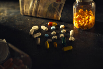 Various white, yellow, and blue pills and capsules are dramatically lit alongside a jar of yellow medication and a wad of cash, symbolizing healthcare costs or substance abuse issues.