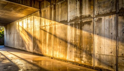 Weathered concrete wall with sunlight casting diagonal shadows under an overhang