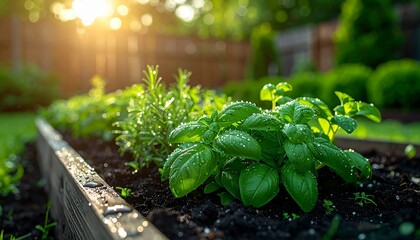 Basil plants with water droplets growing in raised garden bed at sunrise