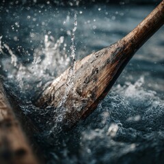 Dynamic close-up of a wooden paddle cutting through water with splashes frozen in motion, conveying energy, movement, and outdoor adventure. Ideal for sport, nature, or travel concepts