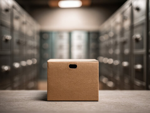 A plain cardboard box with a handhold slot placed in the foreground surrounded by blurred metal storage lockers in a dimly lit room creating a focused industrial atm